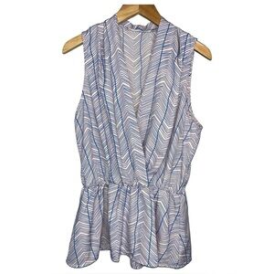 Poema V-Neck Peplum Chevron Pattern Top in Blue and Pink